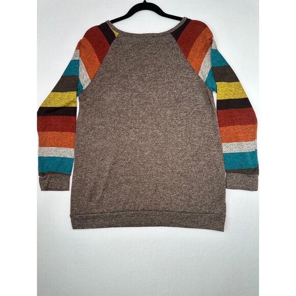 Heimish USA Striped Sleeve Henley Brown Lightweight Sweater Tunic Top M - Picture 6 of 9